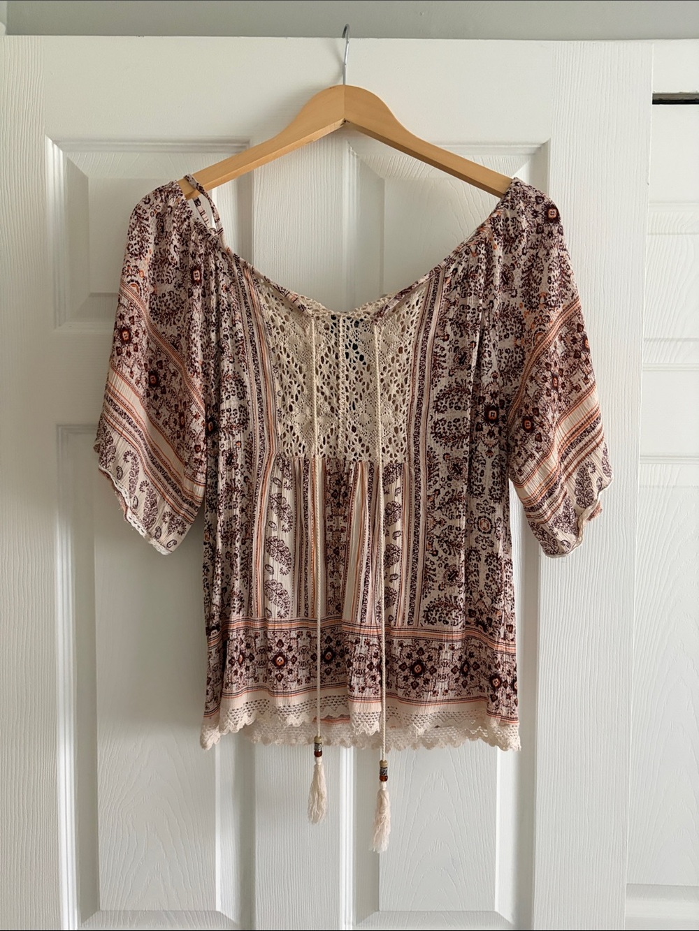 Angie Bohemian Peasant Top - Cream & Brown